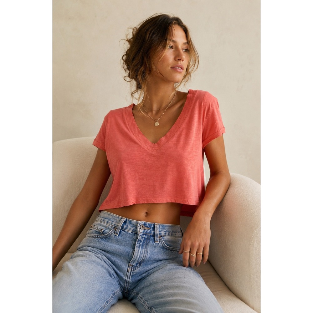 Pilcro Anthropologie Coral Pink Slub Cotton V-Neck Crop Top Tee‎ Small